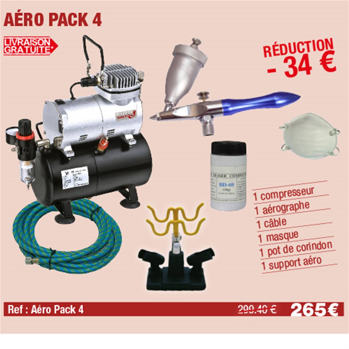 Compresseur + Sableur + Sable + masque + câble + Support Aérographe , Vente Aérographes en ligne
